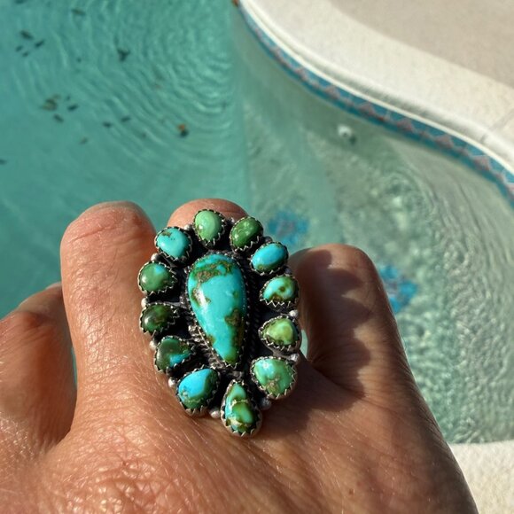 Artisan Sonoran Mountain Turquoise Sterling Silver Cluster Statement Ring Adjust - Picture 12 of 12